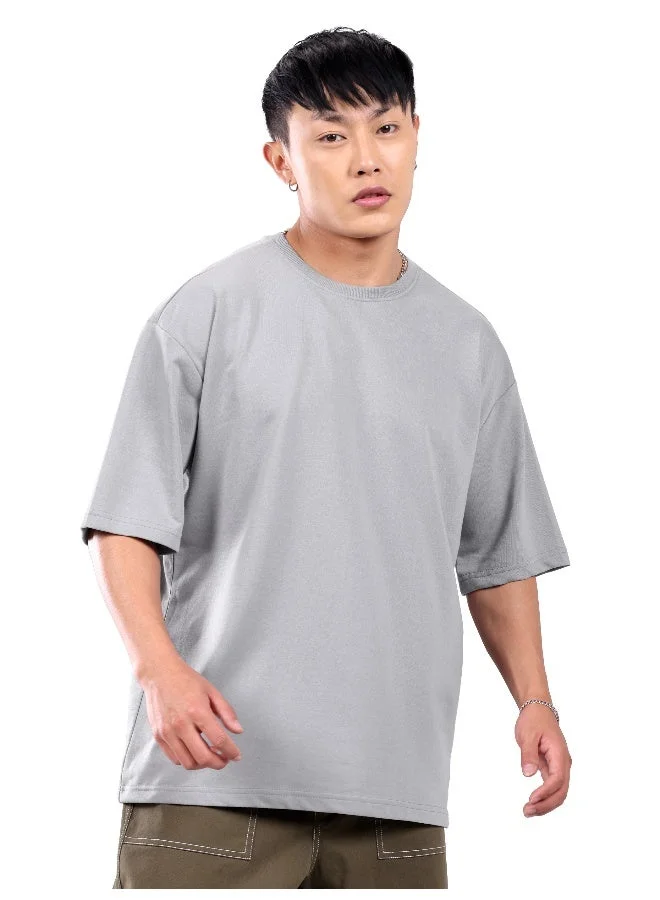 Beyoung Light Grey Looper Solid Oversized Tshirt for Men