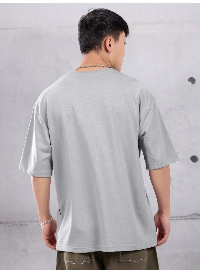 Beyoung Light Grey Looper Solid Oversized Tshirt for Men