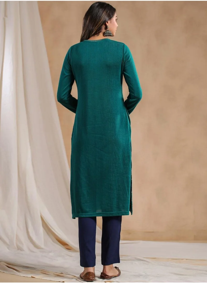 آي شين Women's Green Polyester Blend Embellished Tunic Straight Fit Kurta