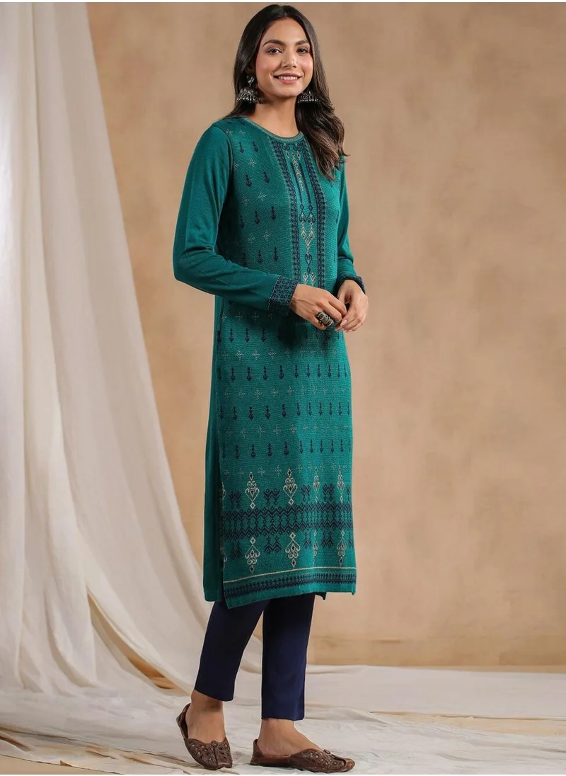 آي شين Women's Green Polyester Blend Embellished Tunic Straight Fit Kurta