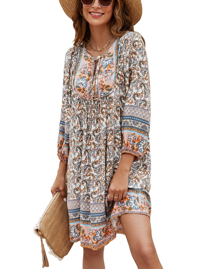 Bluetime Women Casual Summer Dress Boho V Neck 3/4 Sleeve Babydoll Floral Print Flowy Beach Dress (L, Beige) - Image 1