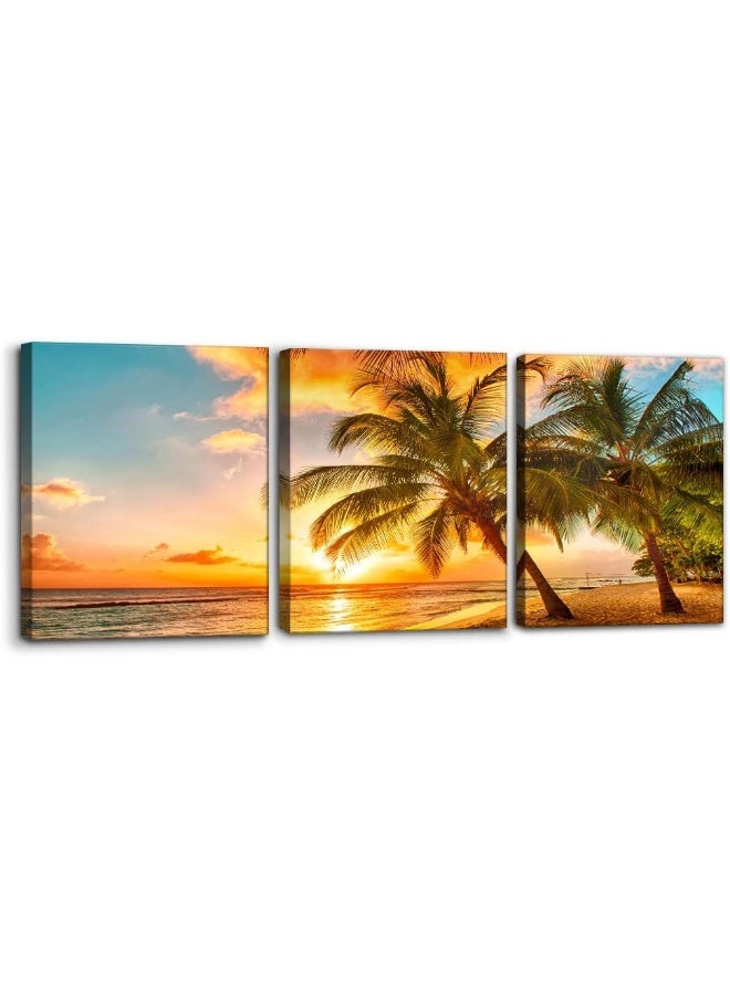 Pacimo 3 Panels Sea Landscape Modern Wall Art Ocean Sunset Canvas Prints Sea Beach Pictures Painting on Canvas Wall Art for Home Decor Gallery Wrapped Tropical Scenery Seascape Giclee Artwork - 12"x16"x3 - Image 1
