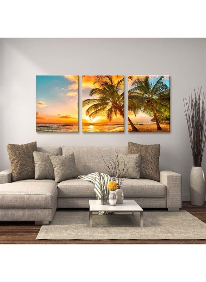 Pacimo 3 Panels Sea Landscape Modern Wall Art Ocean Sunset Canvas Prints Sea Beach Pictures Painting on Canvas Wall Art for Home Decor Gallery Wrapped Tropical Scenery Seascape Giclee Artwork - 12"x16"x3 - Image 2