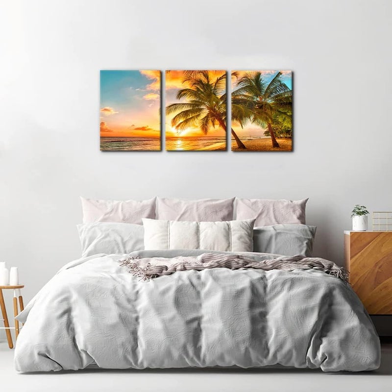 Pacimo 3 Panels Sea Landscape Modern Wall Art Ocean Sunset Canvas Prints Sea Beach Pictures Painting on Canvas Wall Art for Home Decor Gallery Wrapped Tropical Scenery Seascape Giclee Artwork - 12"x16"x3 - Image 3