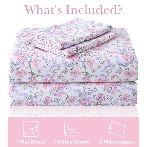 Mooreeke Cozy Vintage Microfiber Printed King Sheet Set - Soft Breathable Percale Cotton Floral Bed Sheets with Deep Pocket - Non-Slip Fitted Design - Pink Purple Flowers Pattern - Image 2