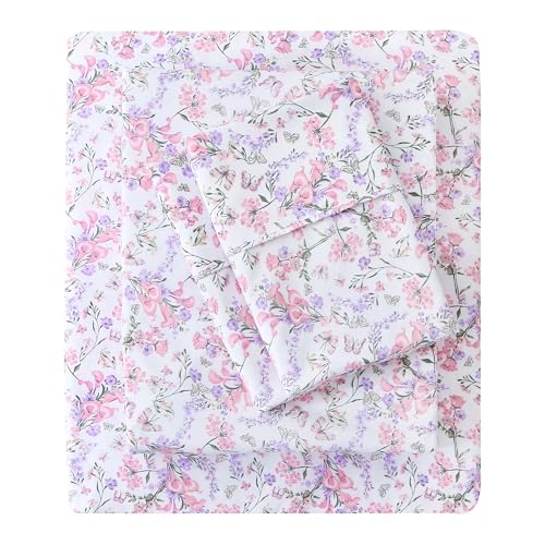 Mooreeke Cozy Vintage Microfiber Printed King Sheet Set - Soft Breathable Percale Cotton Floral Bed Sheets with Deep Pocket - Non-Slip Fitted Design - Pink Purple Flowers Pattern - Image 1