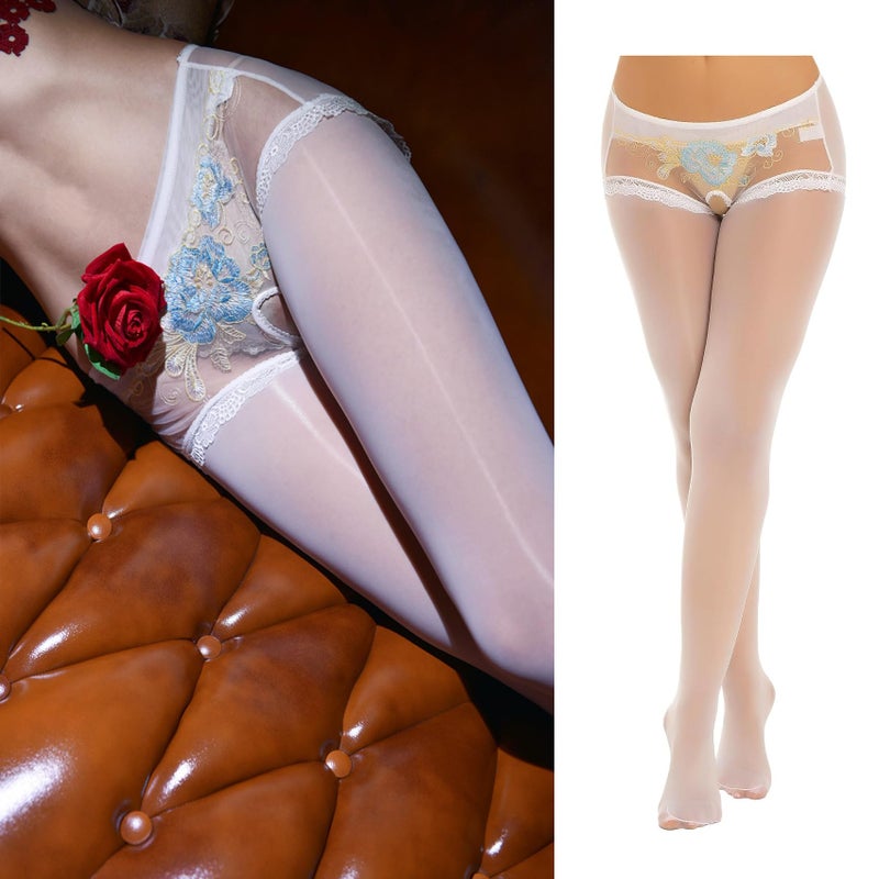 FiwoXam Womens Ultra Thin Oil Glossy Crotchless Pantyhose See-Through Lace Patchwork Sheer Stockings (US, Alpha, Medium, Regular, Regular, White) - Image 2