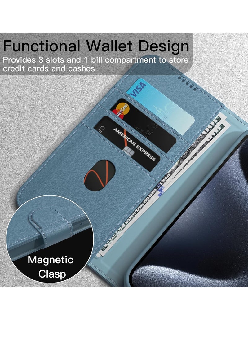 جي تيك حافظة محفظة لهاتف iPhone 15 Pro مقاس 6.1 بوصة، غطاء قلاب مغناطيسي من جلد البولي يوريثان مقاوم للصدمات مع ميزة حامل البطاقة وحماية كاملة للكاميرا، تيتانيوم أزرق - Image 2