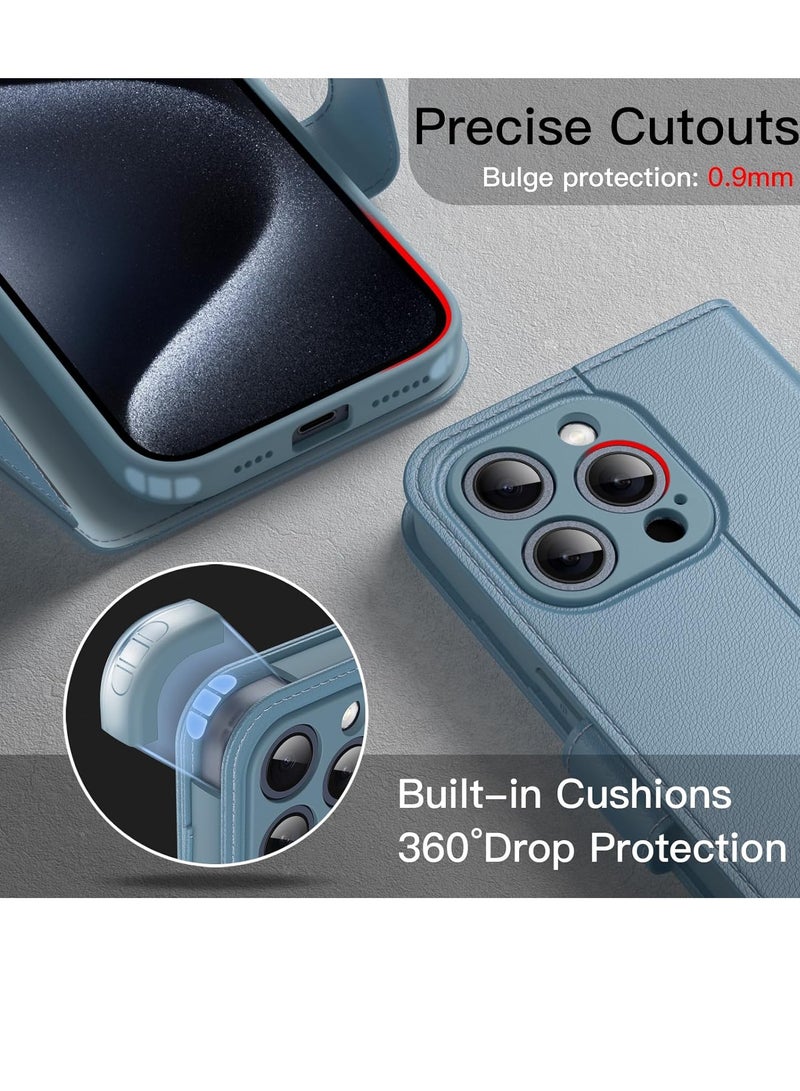 جي تيك حافظة محفظة لهاتف iPhone 15 Pro مقاس 6.1 بوصة، غطاء قلاب مغناطيسي من جلد البولي يوريثان مقاوم للصدمات مع ميزة حامل البطاقة وحماية كاملة للكاميرا، تيتانيوم أزرق - Image 4