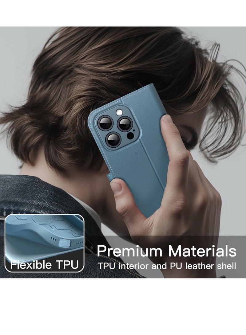 جي تيك حافظة محفظة لهاتف iPhone 15 Pro مقاس 6.1 بوصة، غطاء قلاب مغناطيسي من جلد البولي يوريثان مقاوم للصدمات مع ميزة حامل البطاقة وحماية كاملة للكاميرا، تيتانيوم أزرق - Image 5