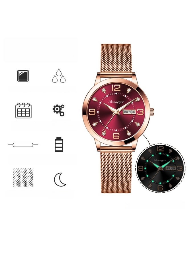 BONARGER Women's Premium Waterproof Luminous Quartz Watch with a Mesh Strap - Image 2