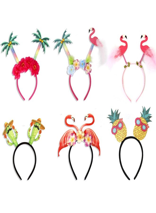 HIPIHOM 6Pcs Hawaiian Party Headbands Tropical Head Boppers Flamingo Palm Tree Pineapple Luau Party Headbands Decorations - Image 1