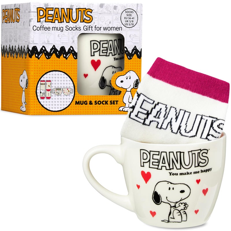 Get Trend Peanuts Snoopy Coffee Mug and Socks Set, 11.5 oz Ceramic Cup with Soft Crew Socks, Woodstock, Gifts for Women (Pink Snoopy) - Image 1