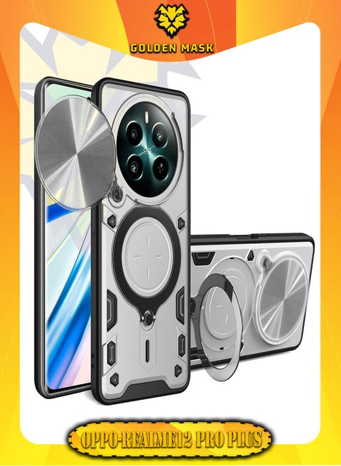 جولدن ماسك لهاتف ريلمى 12 برو بلس/ريلمى 12 برو (Realme 12 Pro Plus/Realme 12 Pro ) جراب حماية مع باب جرار لحماية عدسة  الكاميرا المدرعة مدمج بزاوية 360 درجة - (فضى)