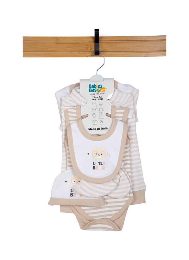 Babies Basic 7 Piece Unisex 100% Cotton Set Include Bib, Socks, Mitten, Cap, Romper, Top And Bottom Set, Brown  - Image 1