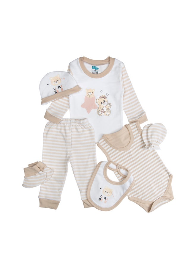 Babies Basic 7 Piece Unisex 100% Cotton Set Include Bib, Socks, Mitten, Cap, Romper, Top And Bottom Set, Brown  - Image 2