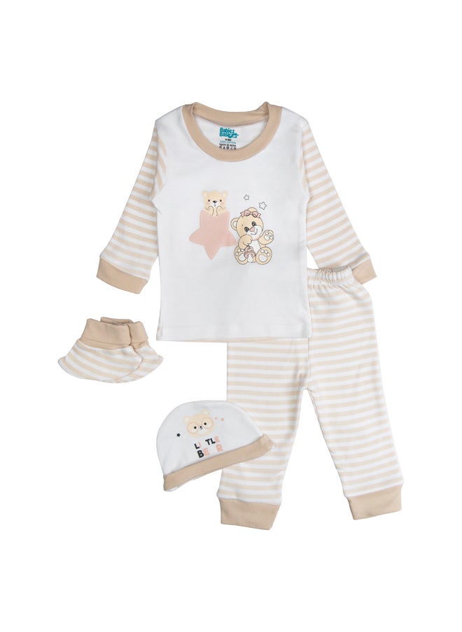 Babies Basic 7 Piece Unisex 100% Cotton Set Include Bib, Socks, Mitten, Cap, Romper, Top And Bottom Set, Brown  - Image 3