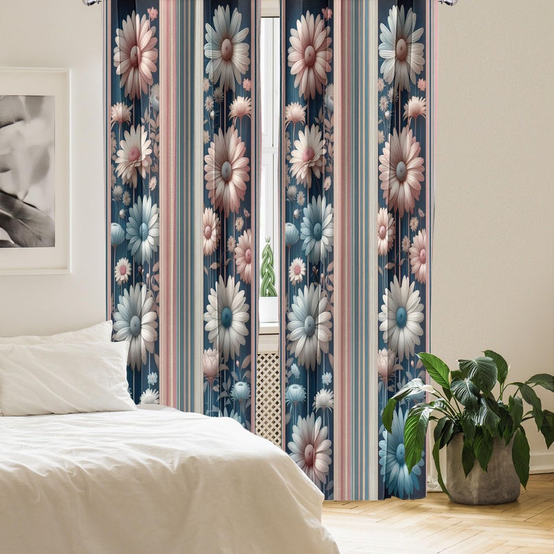 Ambesonne Floral Window Curtains Pack of 2  Nostalgic Garden with Vintage Daisy Flowers and Bicolour Soft Stripes  Lightweight Set with Rod Pocket  4 Panels of - 28"" x 63""  Dried Rose and Slate Blue - Image 3