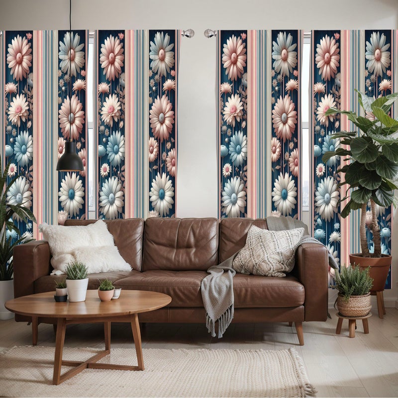 Ambesonne Floral Window Curtains Pack of 2  Nostalgic Garden with Vintage Daisy Flowers and Bicolour Soft Stripes  Lightweight Set with Rod Pocket  4 Panels of - 28"" x 63""  Dried Rose and Slate Blue - Image 2