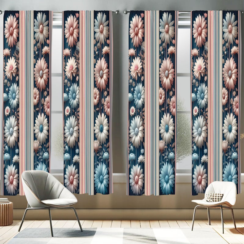 Ambesonne Floral Window Curtains Pack of 2  Nostalgic Garden with Vintage Daisy Flowers and Bicolour Soft Stripes  Lightweight Set with Rod Pocket  4 Panels of - 28"" x 63""  Dried Rose and Slate Blue - Image 1