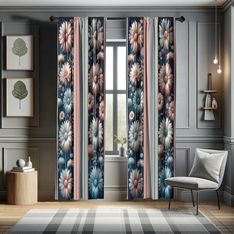 Ambesonne Floral Window Curtains Pack of 2  Nostalgic Garden with Vintage Daisy Flowers and Bicolour Soft Stripes  Lightweight Set with Rod Pocket  4 Panels of - 28"" x 63""  Dried Rose and Slate Blue - Image 5