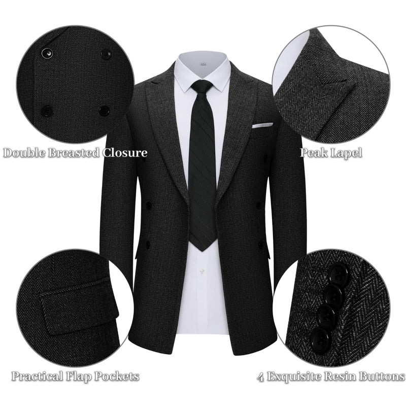 Lynerun Tweed Herringbone Suit Men 2 Piece Slim Fit Black Suits for Men Formal Double Breasted Wool Jacket Pants Set Prom Tuxedo L - Image 3
