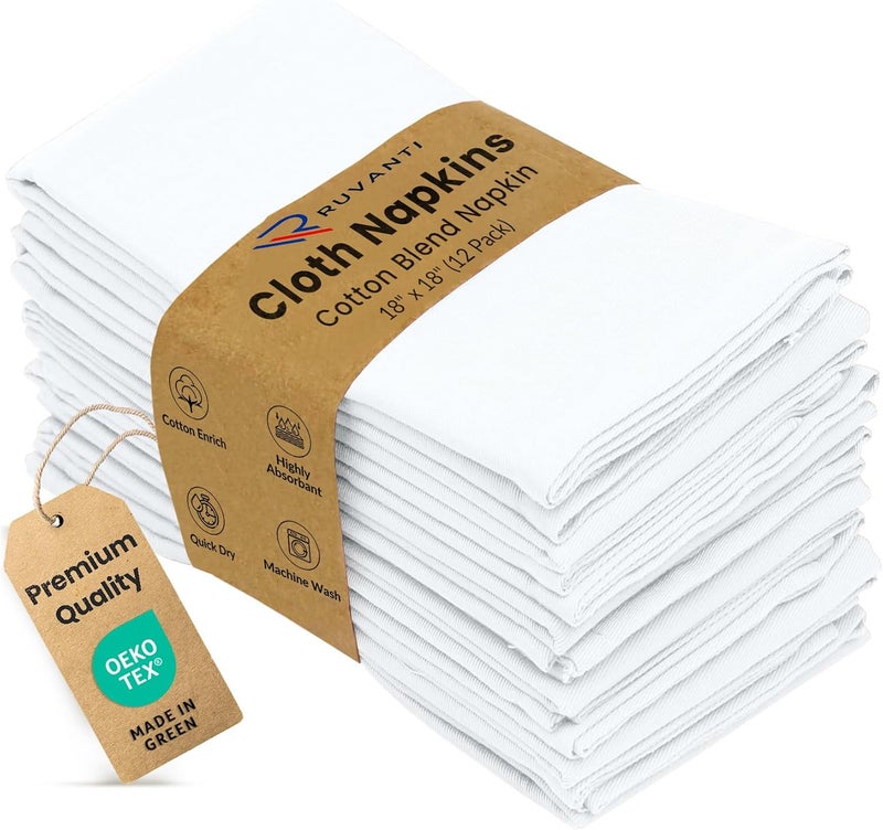 Ruvanti 12 Pack Cloth Napkins 18x18 - Soft, Comfortable, Reusable Cotton Enrich Fabric Napkins for Dinner, Parties, Weddings - White - Image 1