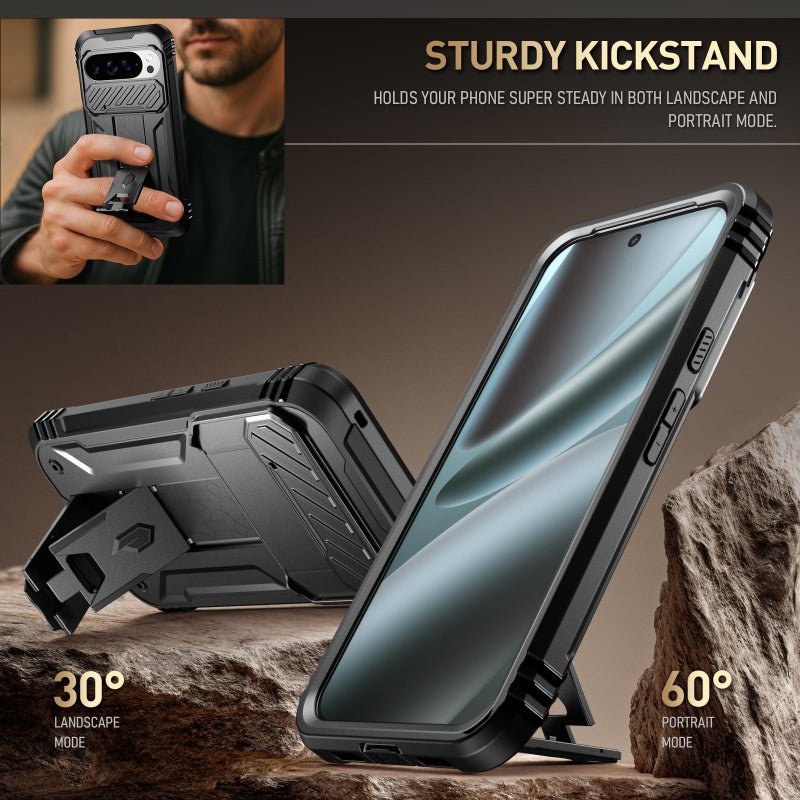 Poetic Revolution Case for Google Pixel 10 Pro XL 5G, [Slide Camera Cover], Built-in Screen Protector [Work with Fingerprint ID], [2 Front Frame] Full Body Rugged Shockproof Case with Kickstand, Black - Image 4