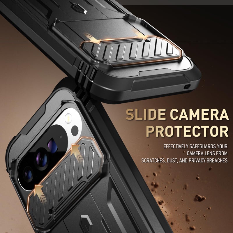 Poetic Revolution Case for Google Pixel 10 Pro XL 5G, [Slide Camera Cover], Built-in Screen Protector [Work with Fingerprint ID], [2 Front Frame] Full Body Rugged Shockproof Case with Kickstand, Black - Image 5