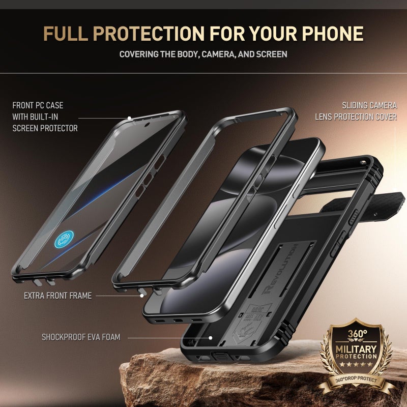 Poetic Revolution Case for Google Pixel 10 Pro XL 5G, [Slide Camera Cover], Built-in Screen Protector [Work with Fingerprint ID], [2 Front Frame] Full Body Rugged Shockproof Case with Kickstand, Black - Image 3