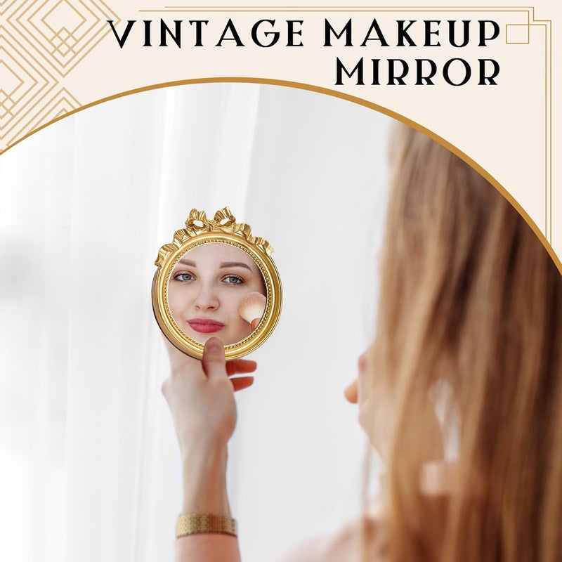 Threehoney 2 Pcs Small Vintage Wall Mirror Gold Round Wall Mirror Hanging Mirror Portable Handle Mirror Dressing Mirror for Women Make up Tool Bedroom Dressing Table Decoration - Image 2
