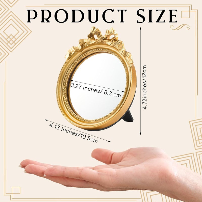 Threehoney 2 Pcs Small Vintage Wall Mirror Gold Round Wall Mirror Hanging Mirror Portable Handle Mirror Dressing Mirror for Women Make up Tool Bedroom Dressing Table Decoration - Image 3
