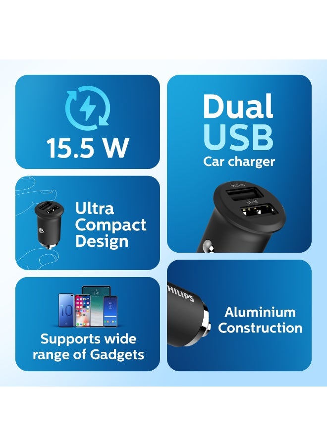 Philips Dual USB Car Charger 15.5W – Fast Charging 3.1A Adapter for iPhone, Samsung, Huawei & Tablets Black - Image 2