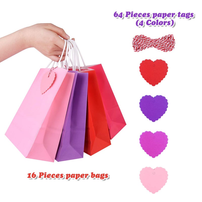 FEPITO 16PCS Red and Pink Gift Bags Paper Bags Gift Kraft Bags Paper Gift Bags Party Bags with Handles and 60 Pcs Heart Paper Tags with Twine for Birthday Party, Valentine Wedding Gift Packing - Image 3
