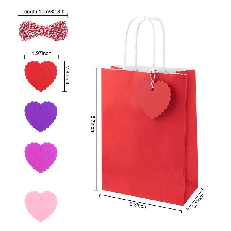 FEPITO 16PCS Red and Pink Gift Bags Paper Bags Gift Kraft Bags Paper Gift Bags Party Bags with Handles and 60 Pcs Heart Paper Tags with Twine for Birthday Party, Valentine Wedding Gift Packing - Image 2