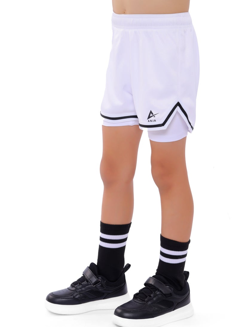 ANJA Girls' White and Black Double-Layer Basketball Shorts – Breathable Fabric - Image 1
