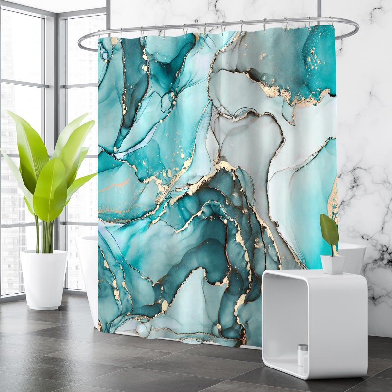 BayNook Teal Marble Shower Curtain, Modern Abstract Fabric Shower Curtains for Bathroom, Luxury Art Decor Turquoise Gold Ink Texture Watercolor Shower Curtain Set with Hooks 72x72 - Image 3