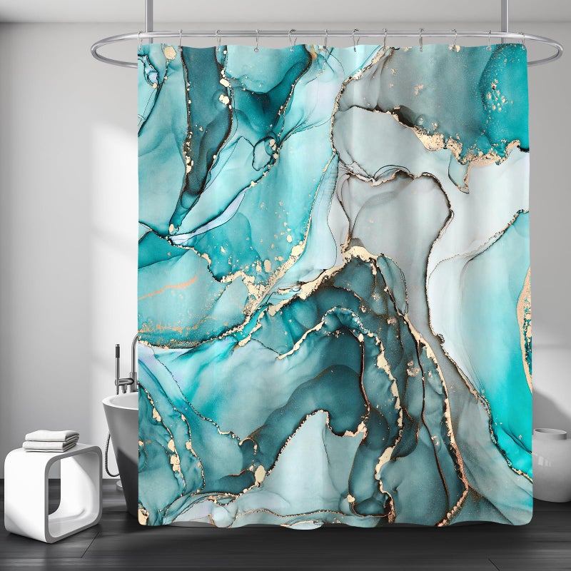 BayNook Teal Marble Shower Curtain, Modern Abstract Fabric Shower Curtains for Bathroom, Luxury Art Decor Turquoise Gold Ink Texture Watercolor Shower Curtain Set with Hooks 72x72 - Image 1