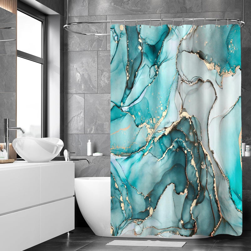 BayNook Teal Marble Shower Curtain, Modern Abstract Fabric Shower Curtains for Bathroom, Luxury Art Decor Turquoise Gold Ink Texture Watercolor Shower Curtain Set with Hooks 72x72 - Image 2