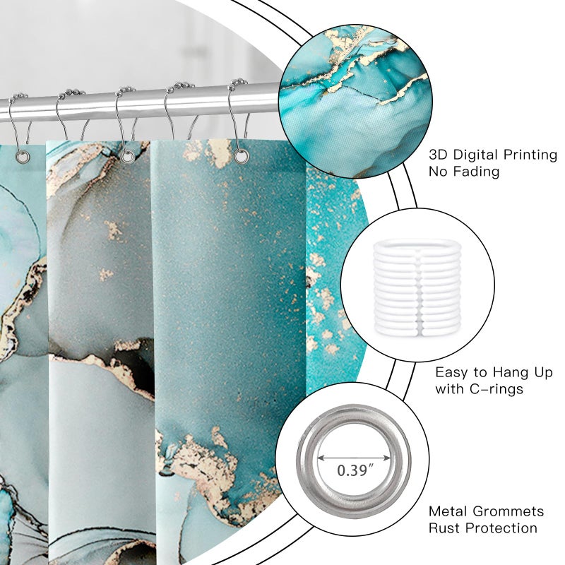 BayNook Teal Marble Shower Curtain, Modern Abstract Fabric Shower Curtains for Bathroom, Luxury Art Decor Turquoise Gold Ink Texture Watercolor Shower Curtain Set with Hooks 72x72 - Image 5