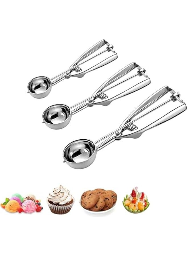 بيوينتي ملعقة آيس كريم من 3 قطع مع إطلاق الزناد، ملعقة كعك كبيرة / متوسطة / صغيرة للخبز، ملعقة كعك، حفر كرة للآيس كريم، السوربيتا، اللوز، عجينة الكعك، سهلة التنظيف (فضية) - Image 1