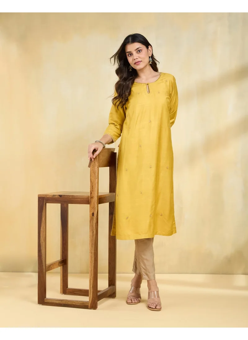 Fabindia Yellow Viscose Silk Embroidered Long Kurta