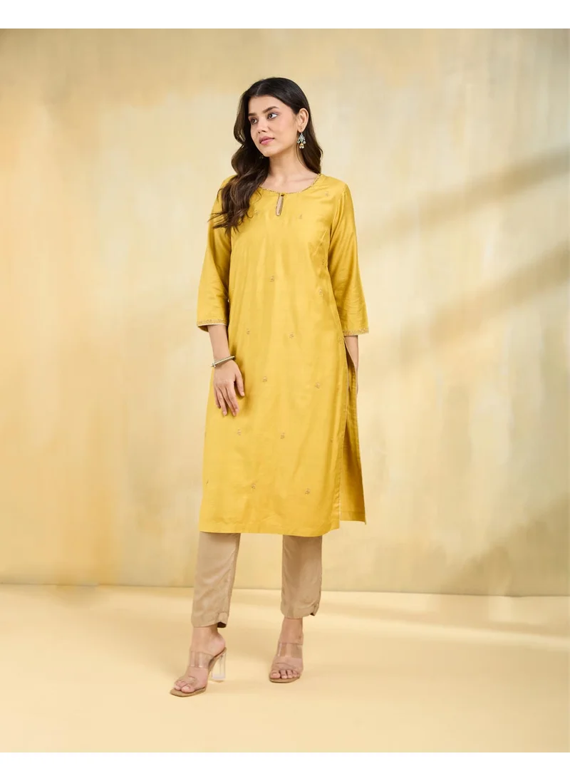 Fabindia Yellow Viscose Silk Embroidered Long Kurta