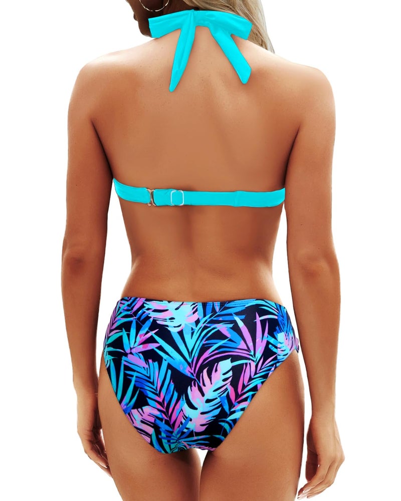 Yonique Women Two Piece Bathing Suits Push Up Bikini Set Halter Swimsuit Vintage Swimwear Teal and Leaves M - Image 2