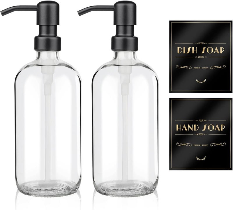 ARKTEK 2 Pack Refillable Glass Soap Dispenser - Rust Proof Stainless Steel Pump, 17 Oz/ 500 ML, Black - Image 1
