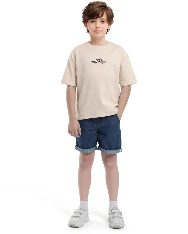 Rare Ones Rare Ones Kids Oryn-T Beige Cotton Blend Half Sleeve Slip-On Printed Regular Fit T-Shirt