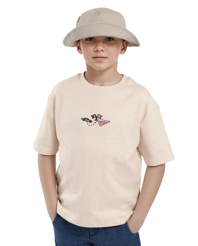Rare Ones Rare Ones Kids Oryn-T Beige Cotton Blend Half Sleeve Slip-On Printed Regular Fit T-Shirt