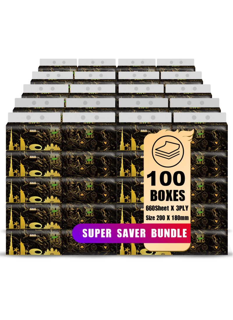 Rich Life Facial Tissue - Premium Quality 3-Ply - 660 Sheets | 100 Value Packs | Soft, Durable & Moisture Proof | 100% Raw Wood Pulp - Ideal for Wet & Dry | Available in 5 to 100 Packs  - Image 1