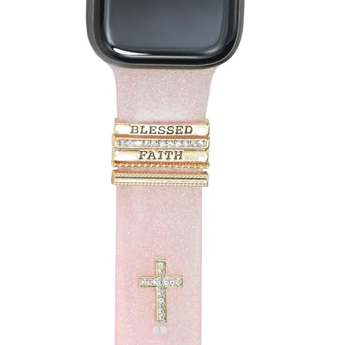 ESWEUOOM Women Cross Watch Band Charms for Apple Watch 38mm 40mm 41mm 42mm 44mm 45mm 49mm , Men Silver Rose Gold Metal Slide Decorative Rings Loops For iWatch series 8 7 6 5 4 3 2 se,For Samsung Galaxy watch 5/4, Smart Watchband Charms Accessories (Gold) - Image 1