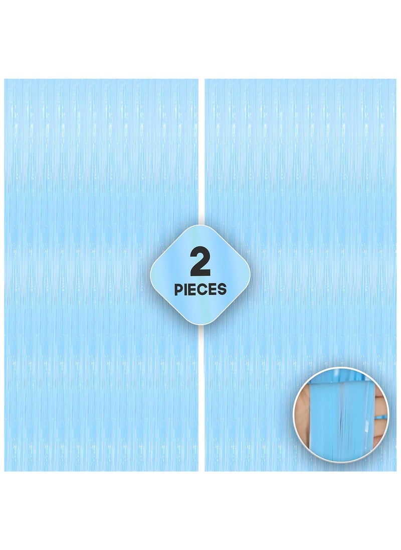 KATCHON - Pastel Blue Foil Fringe Tinsel Backdrop Curtain for Party Decoration Pack of 2 - Image 1
